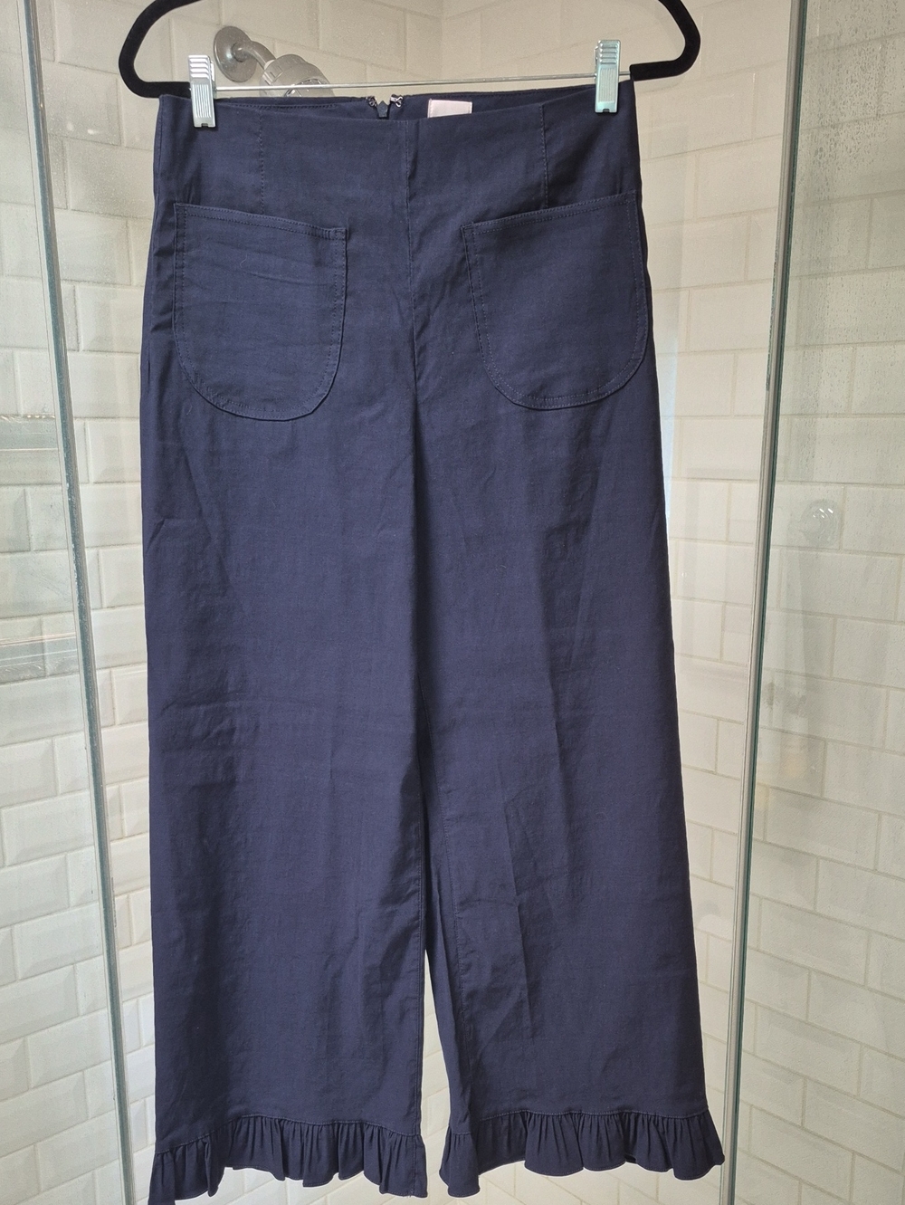 NWOT Anthropologie Maeve Colette Navy Ruffle Bottom Cropped Pants Sz 28